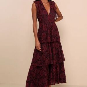 Burgundy Lace Ruffled Tiered Sleeveless Dress